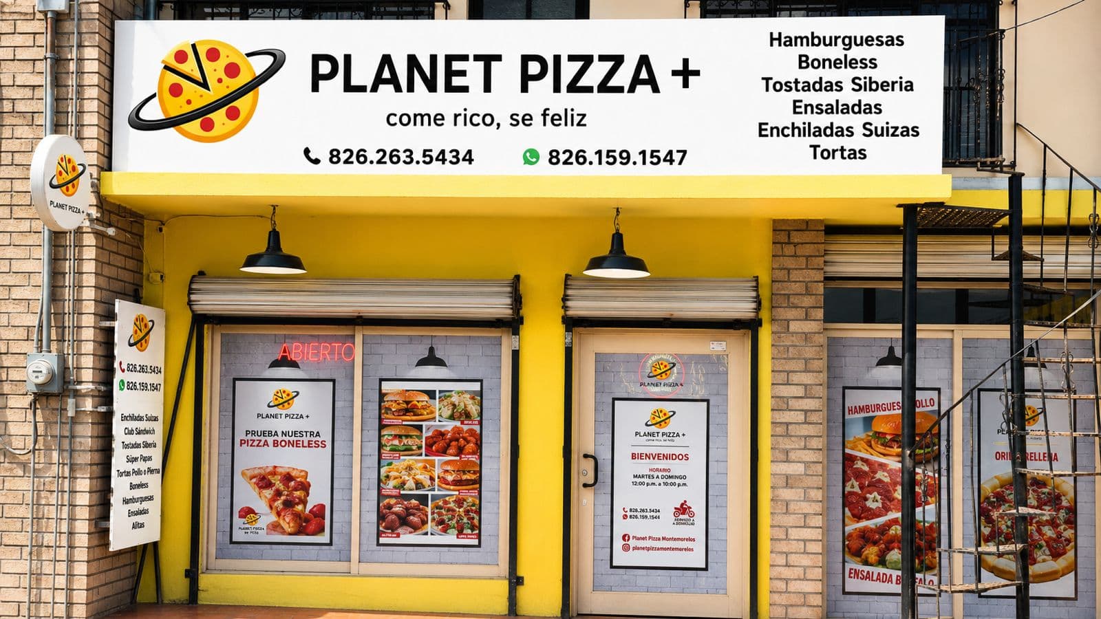 Fachada de Planet Pizza+ en Calle Ignacio Zaragoza 806: toldo amarillo y letrero blanco con el logotipo del planeta y los teléfonos