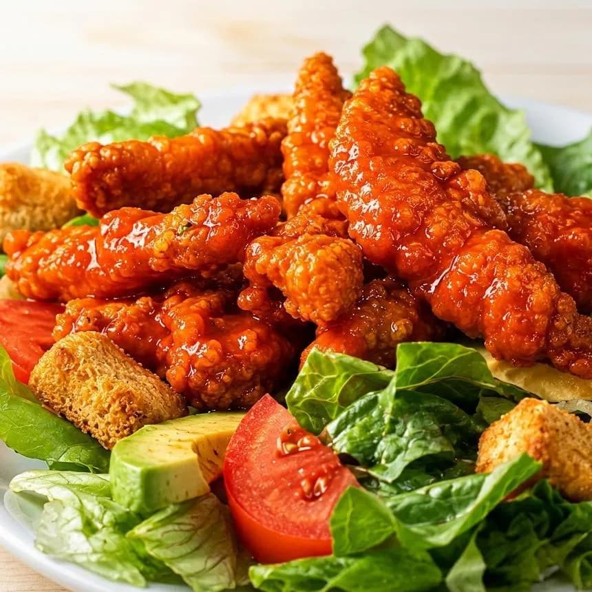 Ensalada Buffalo con pollo empanizado en salsa buffalo de Planet Pizza+